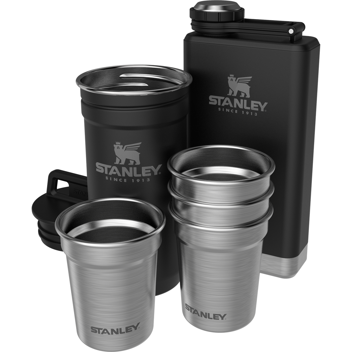 Stanley 1913 Adventure Pre-Party Shot Glass + Flask Set dans Matte Black Pebble | View 1