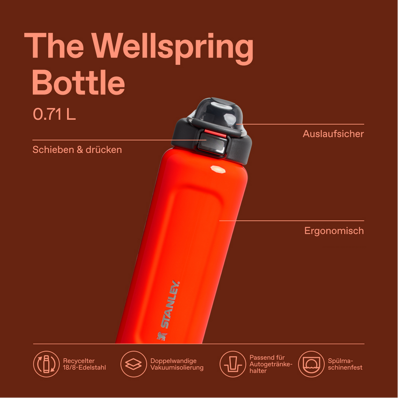 Stanley 1913 Classic Wellspring Bottle 0.71L in Blaze Orange | Infografik Anzeigen